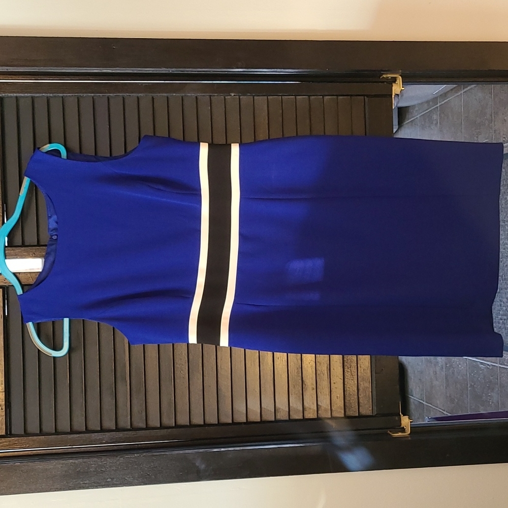 Black Label sleeveless dress, size 12, blue w/ white & black waist stripe, zip b